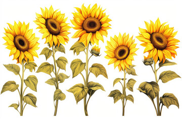 set of sunflowers isolated on white background