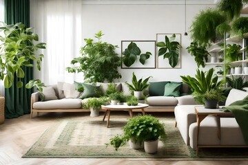 Fototapeta na wymiar Different organic indoor plants in living room with decorations on the table. Composition of home garden green industrial interior. Urban jungle interior with houseplants. green concept for magazine.