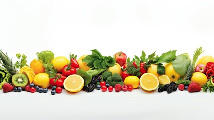 Assorted fresh fruits and vegetables on a white background, healthy food concept.