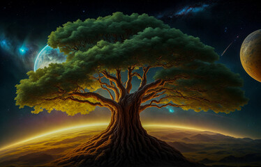 greenery oak tree powerful tree crown moon stars space