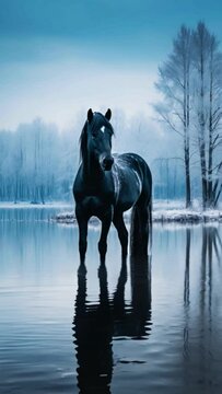 a black stallion in a winter river background. moving water. snowing. 