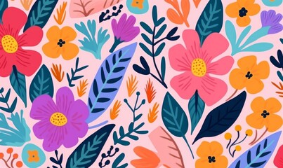 Fototapeta na wymiar Hand drawn bright abstract flowers and leaves print. Cute modern cartoon style pattern. Fashionable template for design, Generative AI