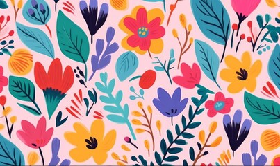 Hand drawn bright abstract flowers and leaves print. Cute modern cartoon style pattern. Fashionable template for design, Generative AI