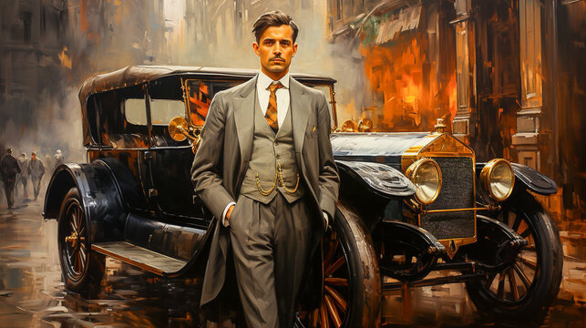 portrait of a man in a 1920s suit with car in the background