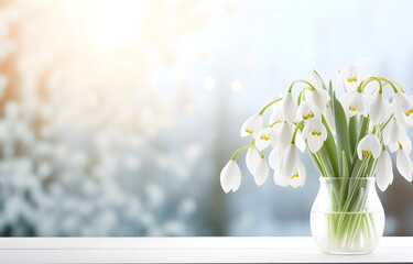 colorful snowdrops flowers in transparent vase on white wooden table over bokeh window background
