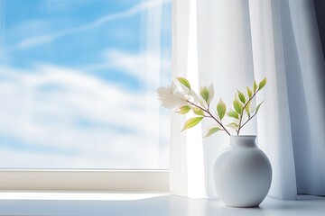 White Pot on Window Sill, Early Morning, Beautiful Blue Skies and White Clouds Background, Cozy House