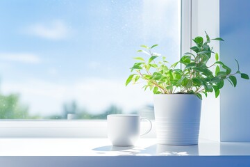 White Pot on Window Sill, Early Morning, Beautiful Blue Skies and White Clouds Background, Cozy House