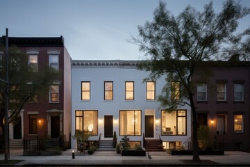 Fototapeta premium White Row Houses, Street Landscape, Brooklyn Architeture, Facades of American Houses