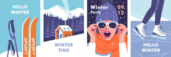 Winter time. Concept of vacation, party and travel. Vector illustrations for mobile and web graphics.