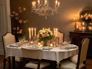 An elegantly set dining table with an empty chair, adorned with candles, flowers, and fine dinnerware. The background exudes a cozy and intimate atmosphere.