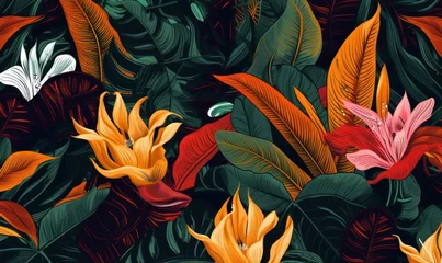 Fototapeten Trendy exotic jungle plants illustration pattern. Creative collage contemporary floral seamless pattern. Fashionable template for design, Generative AI © Prisma Pixel