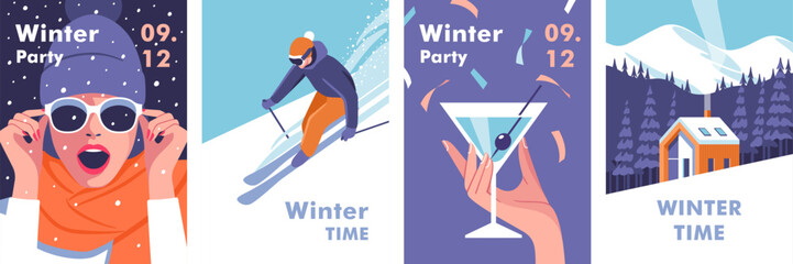 Winter time. Concept of vacation, party and travel. Vector illustrations for mobile and web graphics.