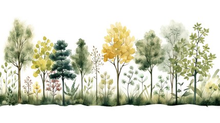 Watercolor nature forest with a seamless pattern landscape, isolated on a white background. Trees, branches, flowers. Great as wallpaper, banner or background vector.