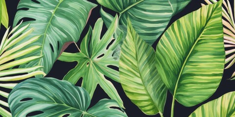 Watercolor painting tropical palm leaf, green leaves seamless pattern background. Watercolor hand drawn illustration exotic leaf prints for wallpaper, textile Hawaii aloha jungle, Generative AI  - obrazy, fototapety, plakaty