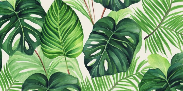 Watercolor painting tropical palm leaf, green leaves seamless pattern background. Watercolor hand drawn illustration exotic leaf prints for wallpaper, textile Hawaii aloha jungle, Generative AI 