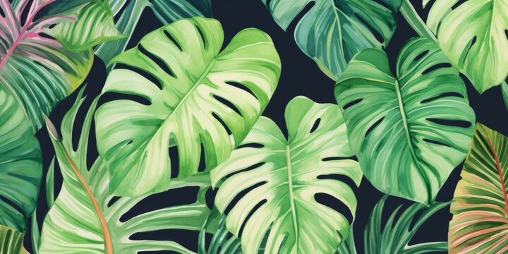 Watercolor painting tropical palm leaf, green leaves seamless pattern background. Watercolor hand drawn illustration exotic leaf prints for wallpaper, textile Hawaii aloha jungle, Generative AI 