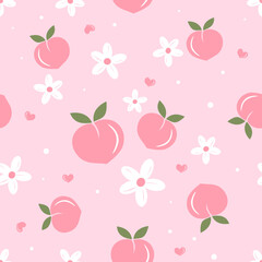 Seamless pattern with peach fruit, daisy flower and white flower on pink background vector illustration.