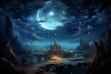 castle illustration starry night with full moon