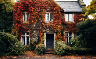 Old house covered in red vine and ivy during fall - Powered by Adobe