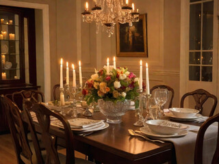 An elegantly set dining table with an empty chair, adorned with candles, flowers, and fine dinnerware. The background exudes a cozy and intimate atmosphere.