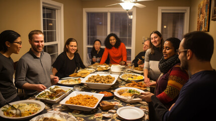 Diverse friends sharing homecooked meals in a private home