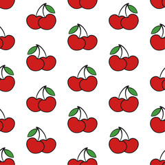 Cherry vector seamless pattern. Red berries with green leaves on white background.