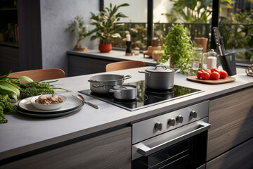Induction hob in a modern kitchen. Abandoning gas in favor of environmental protection - obrazy, fototapety, plakaty