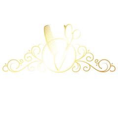 Beautiful golden scissors and stylist comb with a pattern. Design for a beauty salon and hairdresser