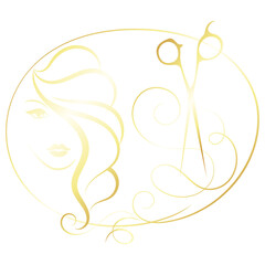 The face of a girl with curls of hair and scissors. Golden design for beauty salon