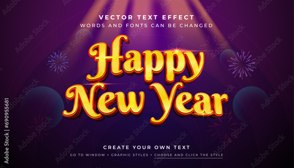 Poster vector editable 3d happy new year 2024 text effect. shiny yellow red fireworks graphic style on new 