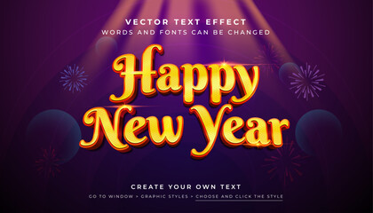 Vector Editable 3D Happy New Year 2024 text effect. Shiny yellow red fireworks graphic style on new year celebration background
