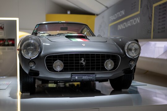 Silver Ferrari 250 GT Berlinetta SWB vintage retro vehicle in Enzo Ferrari Museum in Modena