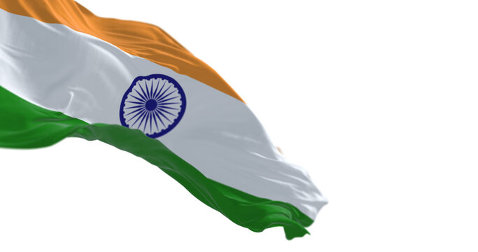 National flag of India waving on a clear day. Tricolor of saffron, white and green with a blue Ashoka Chakra in the center. 3d illustration render.. Transparent png. Selective focus