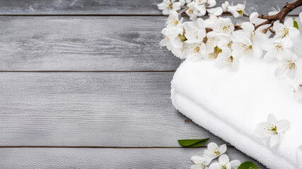 White towels and cherry blossoms on gray wooden table background.Spa, aromatherapy, zen spa atmosphere concept.Generative AI