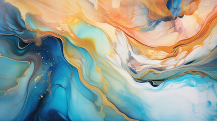 Fluid art with vibrant blue, gold, and white swirls creating an abstract painting