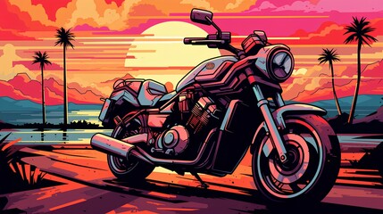 motorcycle on sunset background 80s style   - obrazy, fototapety, plakaty