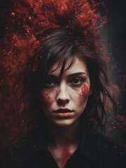 ritratto di giovane donna che si dissolve in particelle dai colori dominanti rosso e nero, illustrazione - Generative AI
