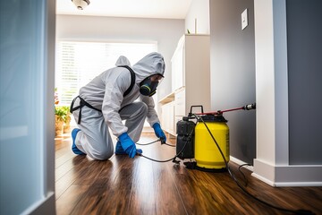 Pest control professional addressing a cockroach infestation, Residential or commercial space with emphasis on pest control measures, Practical and informative, promoting pest control services