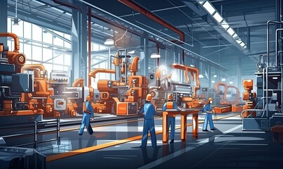 A Busy Factory with Machinery and Workers - obrazy, fototapety, plakaty