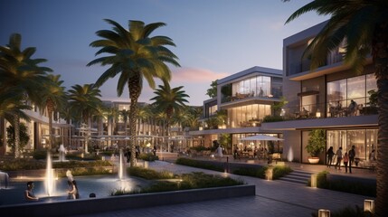 An upscale shopping plaza with an elegant outdoor promenade, adorned with designer boutiques and fine dining options, all set against a backdrop of majestic palm trees and contemporary architecture