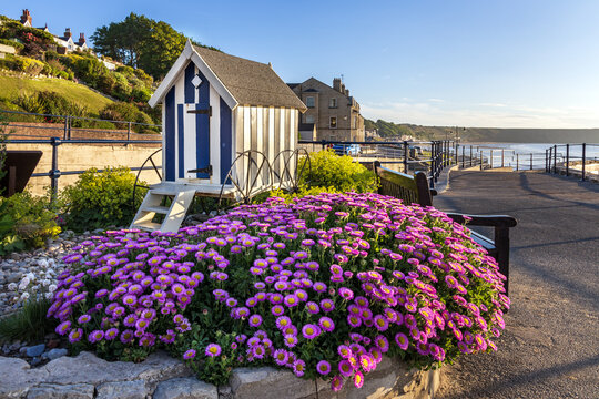 Replica of a Victorian bathing machine displayed on the seafront at Filey in North Yorkshire.