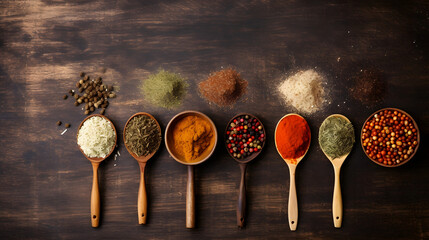 Colorful spices on a wooden table background
