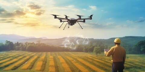 Fototapeta na wymiar 5G technology trend and smart farm agriculture concept.Farmer use ai drone to monitor prediction forecast check of plant field.Agriculture drone fly for research analysis,terrain, Generative AI