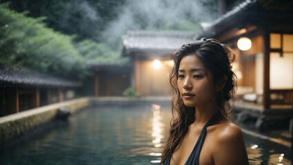 Bellissima donna di origini asiatiche con capelli lunghi in un onsen, bagno termale giapponese, con vapore dell'acqua calda della piscina - obrazy, fototapety, plakaty