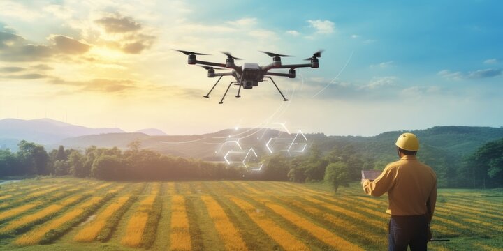 5G technology trend and smart farm agriculture concept.Farmer use ai drone to monitor prediction forecast check of plant field.Agriculture drone fly for research analysis,terrain, Generative AI