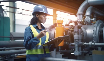 Fotobehang engineer woman dark skin wearing uniform and safety helmet under inspection and checking production process,HVAC system (Heating,Ventilation and Air Conditioning) on factory station, Generative AI © Chroma Scribe