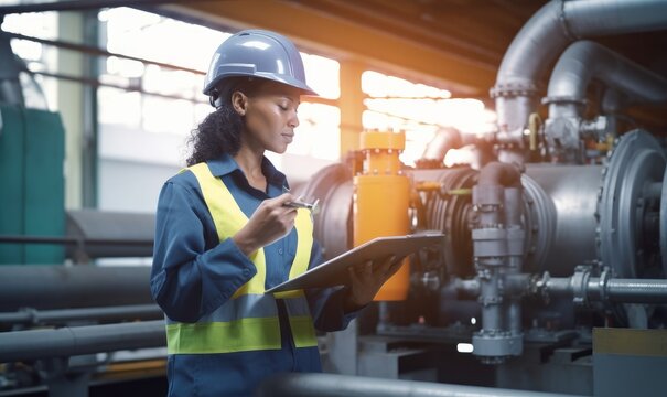 engineer woman dark skin wearing uniform and safety helmet under inspection and checking production process,HVAC system (Heating,Ventilation and Air Conditioning) on factory station, Generative AI