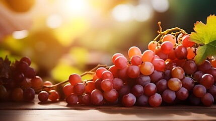 Sunlit bunches of ripe red grapes with leaves on wooden surface