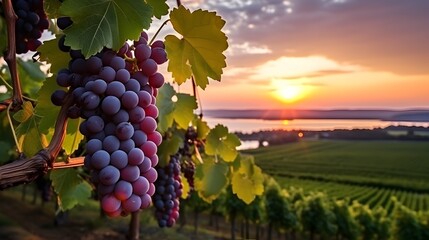 Golden sunset illuminating ripe grapes on vine in a picturesque vineyard
