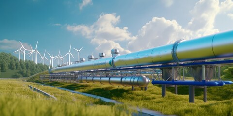 hydrogen pipeline of energy sector towards to ecology,carbon credit,Clean Energy,secure,carbon neutral,transformation,solar,power plant and energy sources balance to replace natural gas. Generative AI - obrazy, fototapety, plakaty
